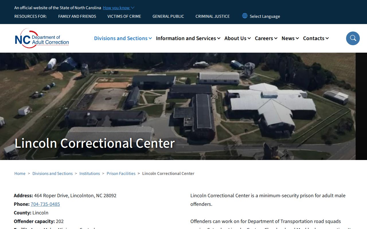 Lincoln Correctional Center release and offender record facility page