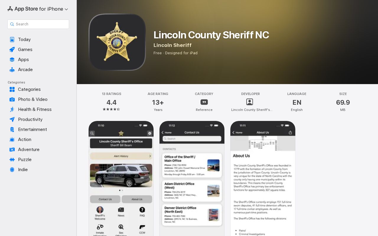 Lincoln County Sheriff iOS listing describing booked-inmate access